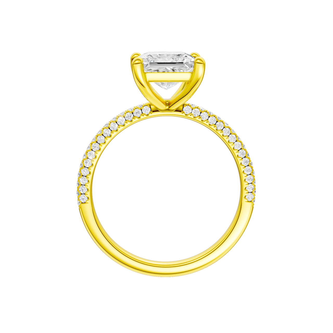 A profile view of the Princess cut diamond engagement ring in 14k yellow gold with a pavé diamond band and cathedral setting