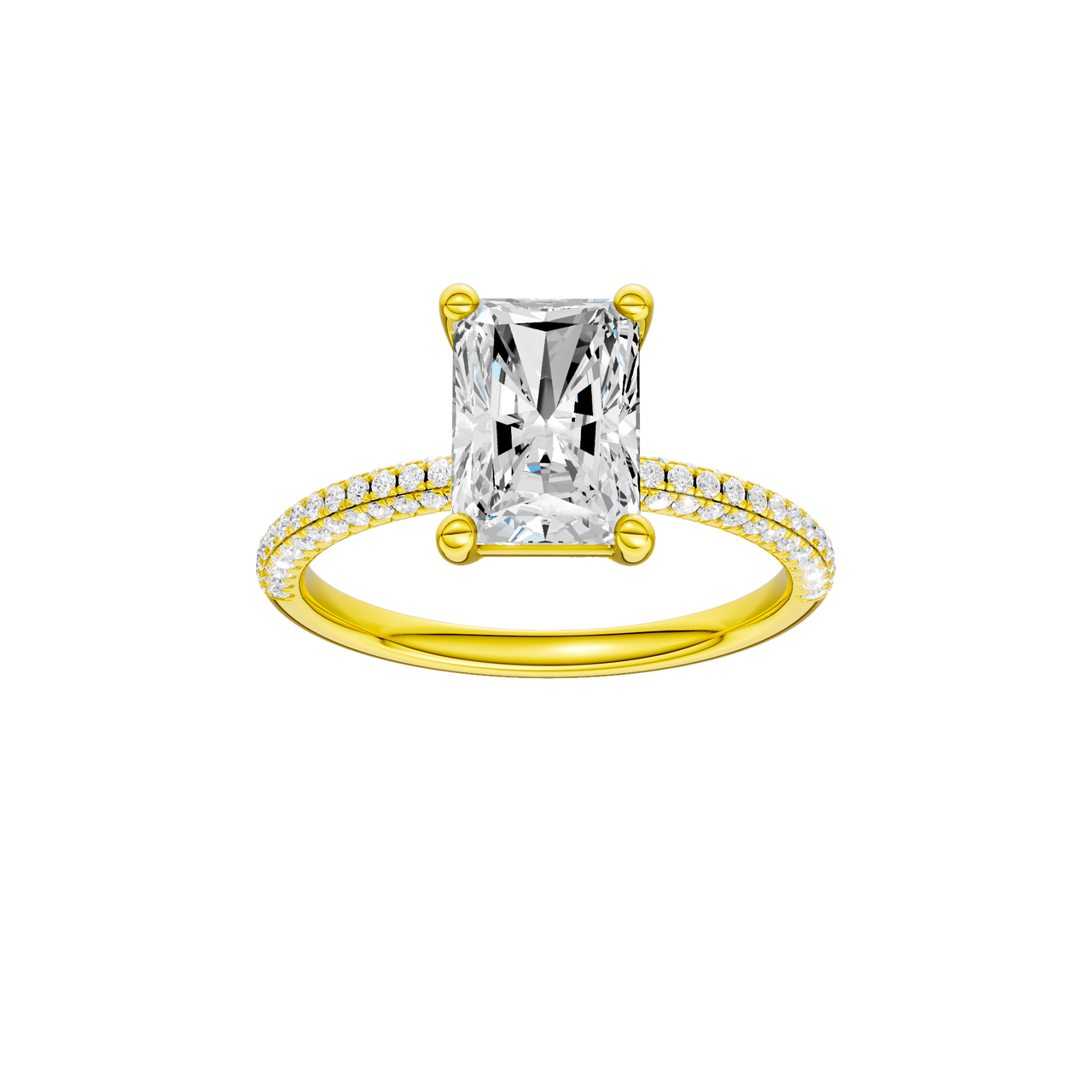 A top view of 14K yellow gold Amorati Alight radiant diamond solitaire with cathedral setting and pavé band