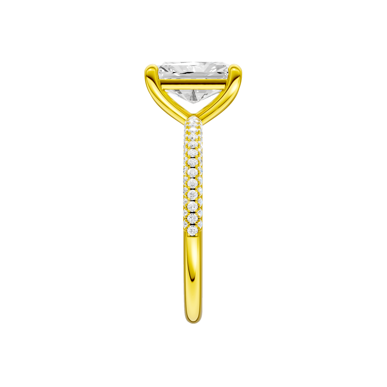 A side view of 14K yellow gold Amorati Alight radiant diamond solitaire with cathedral setting and pavé band