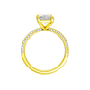 A side profile view of 14K yellow gold Amorati Alight radiant diamond solitaire with cathedral setting and pavé band