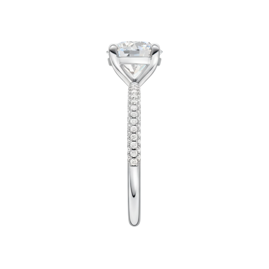 A side view of the Round cut diamond engagement ring in platinum  with a pavé diamond band and cathedral setting
