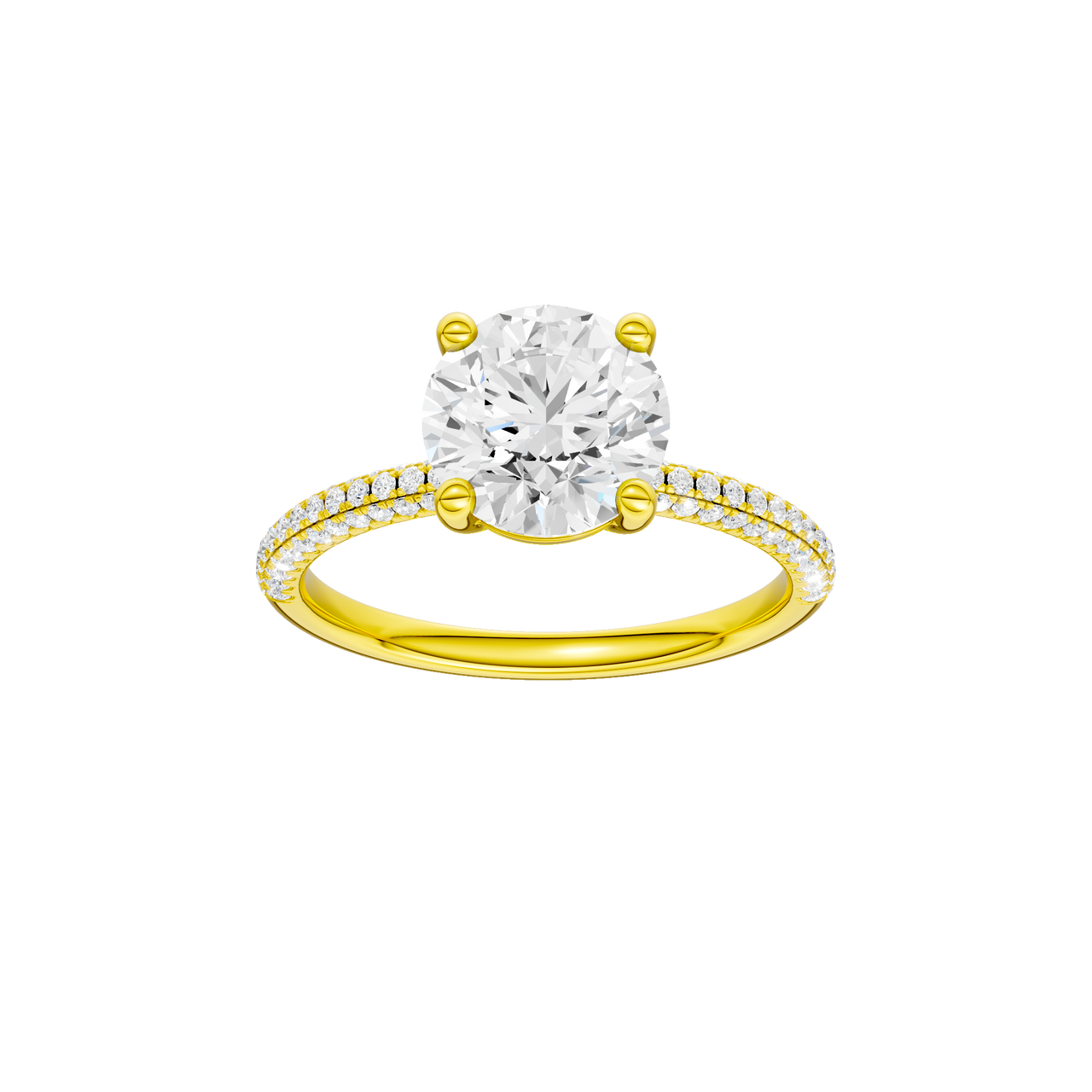 A front view of the Round cut diamond engagement ring in 14k yellow gold with a pavé diamond band and cathedral setting
