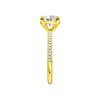 A side view of the Round cut diamond engagement ring in 14k yellow gold with a pavé diamond band and cathedral setting
