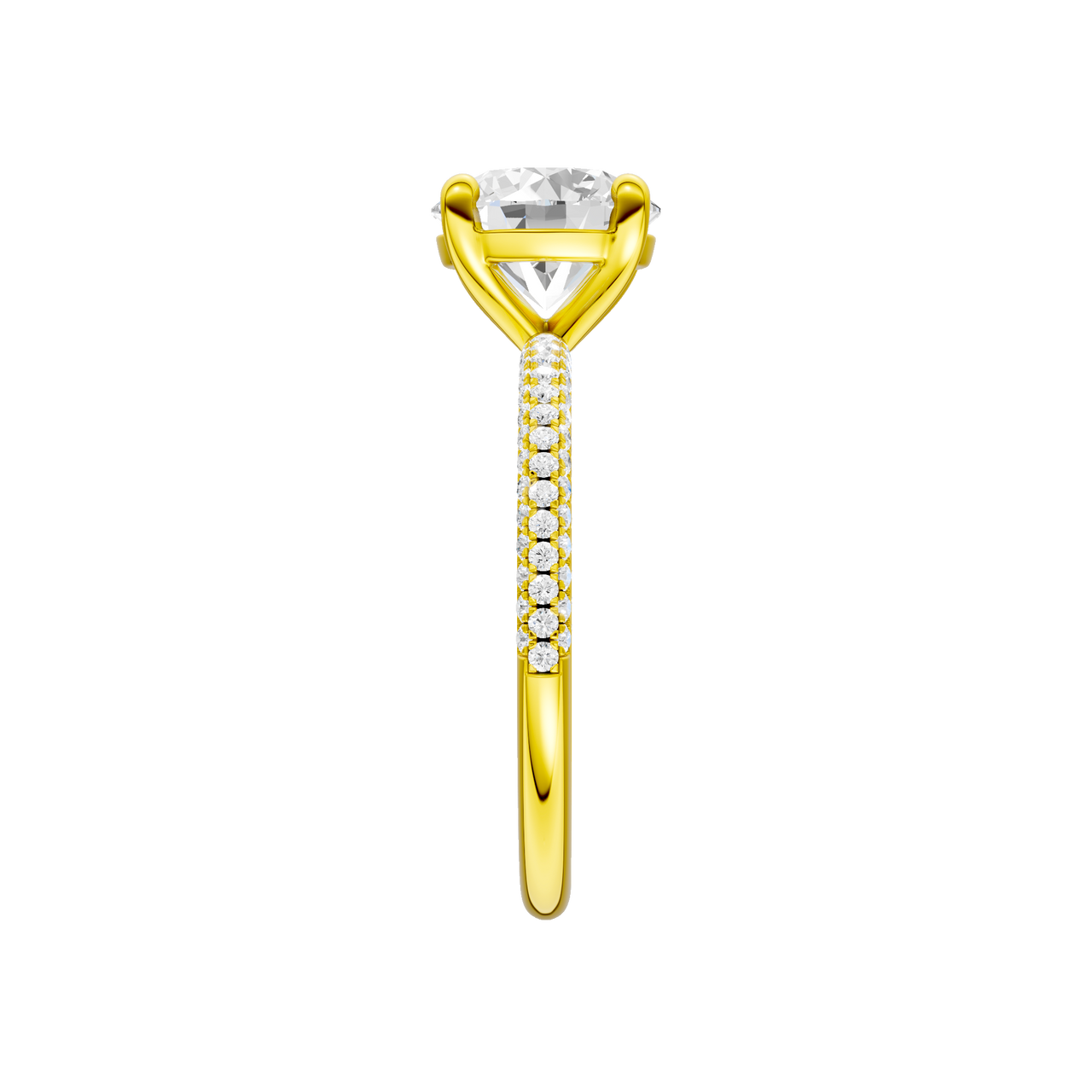 A side view of the Round cut diamond engagement ring in 14k yellow gold with a pavé diamond band and cathedral setting