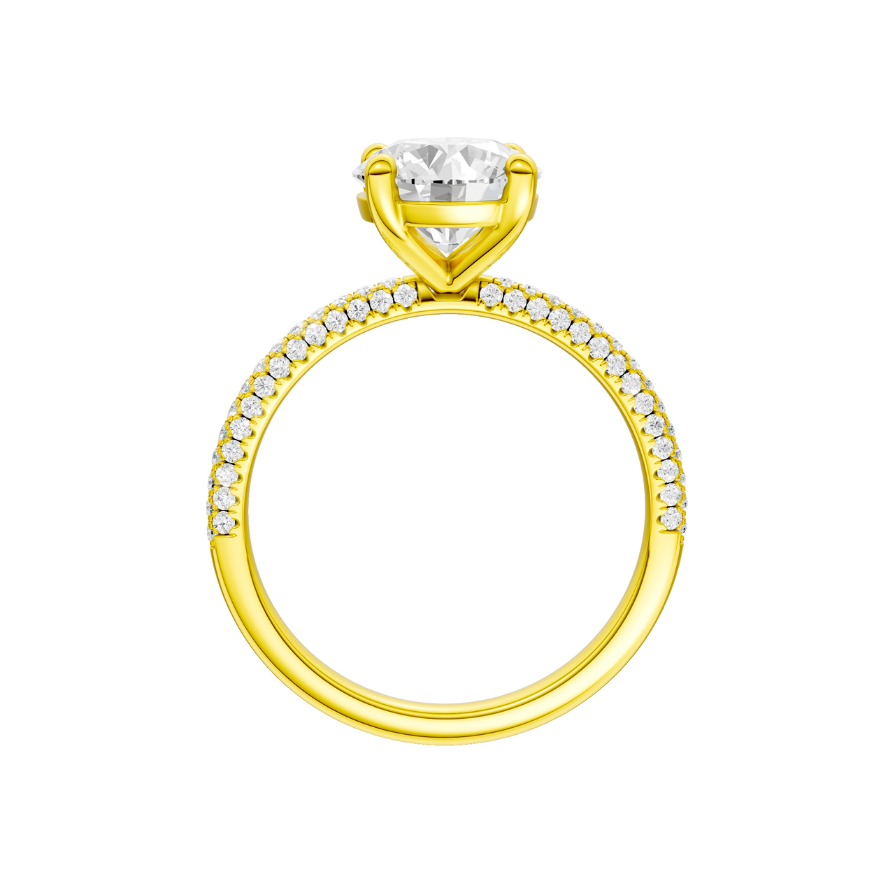 A profile view of the Round cut diamond engagement ring in 14k yellow gold with a pavé diamond band and cathedral setting