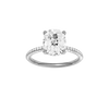 A front view of the Elongated cushion cut diamond engagement ring in platinum with a pavé diamond band and cathedral setting