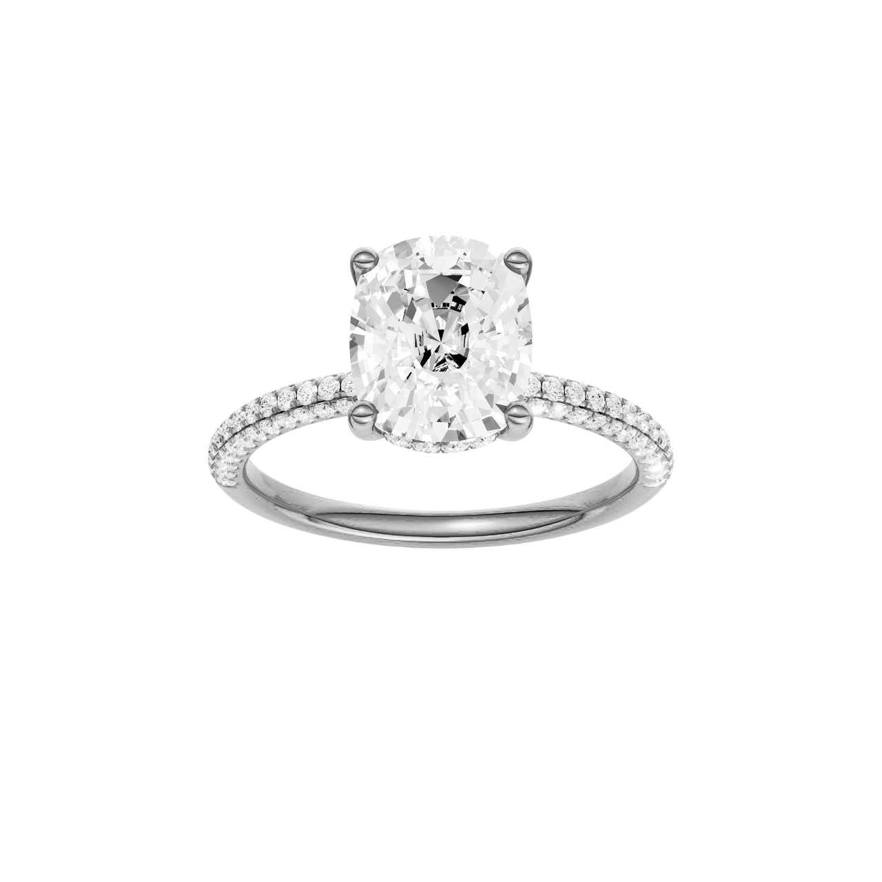 A front view of the Elongated cushion cut diamond engagement ring in platinum with a pavé diamond band and cathedral setting
