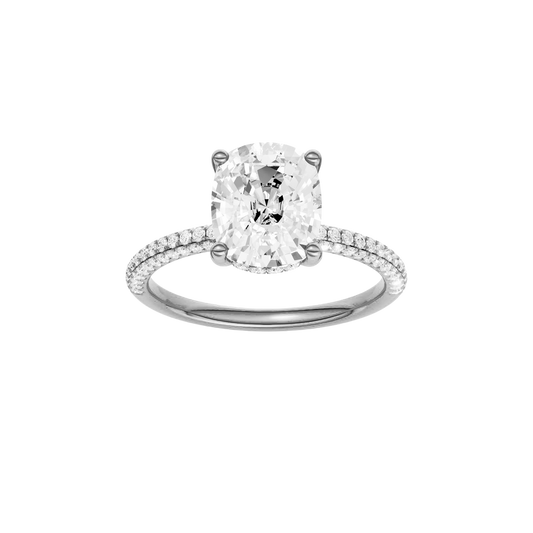 A front view of the Elongated cushion cut diamond engagement ring in 14k white gold with a pavé diamond band and cathedral setting