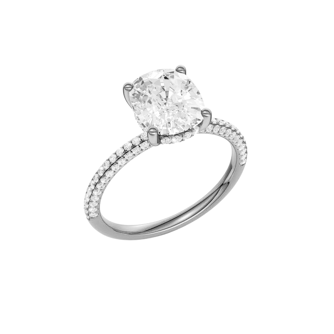 A three-quarter view of the Elongated cushion cut diamond engagement ring in platinum with a pavé diamond band and cathedral setting