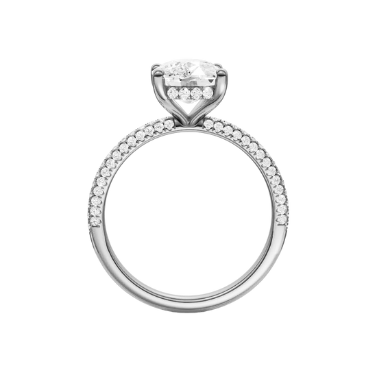 A front view of the Elongated cushion cut diamond engagement ring in 14k white gold with a pavé diamond band and cathedral setting