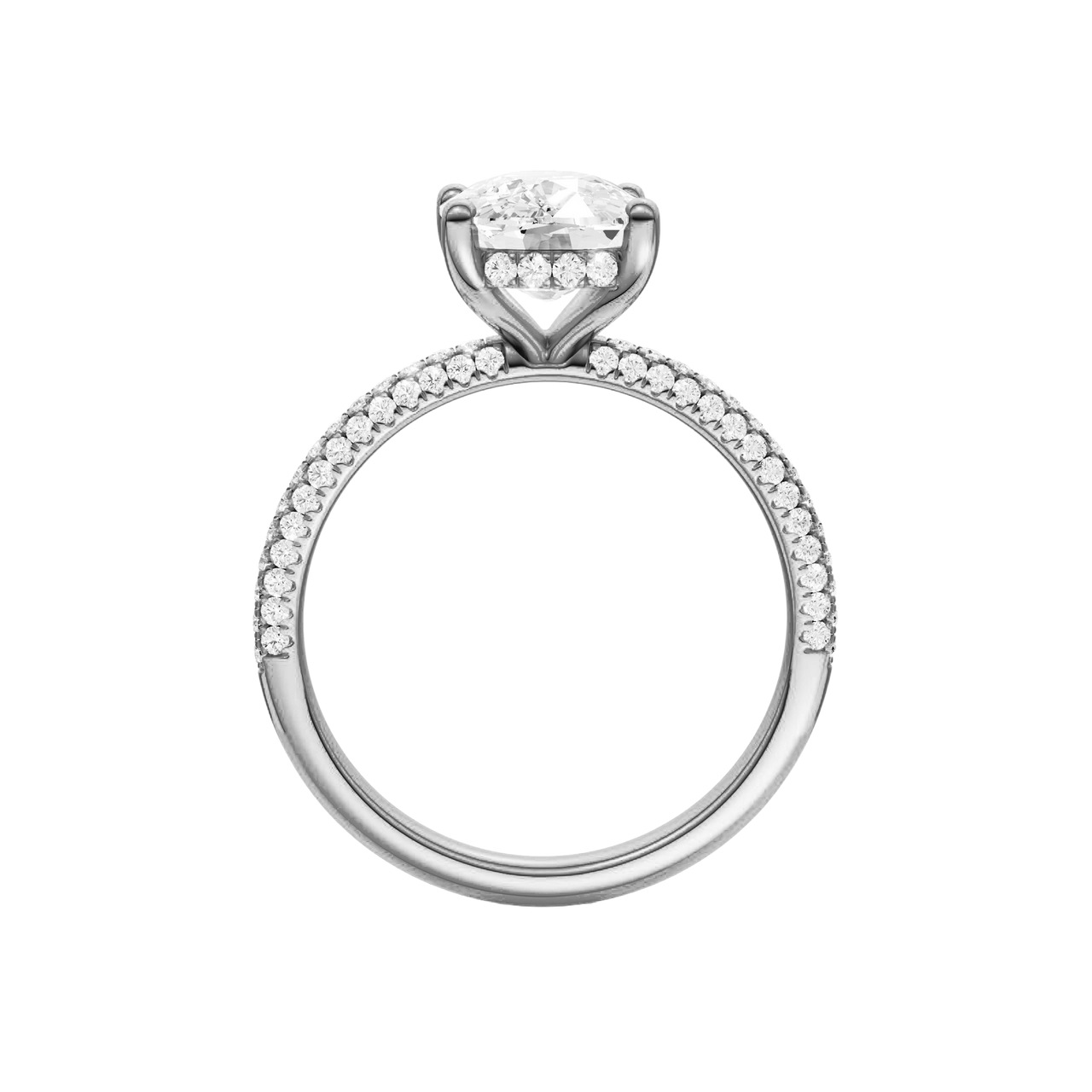 A front view of the Elongated cushion cut diamond engagement ring in 14k white gold with a pavé diamond band and cathedral setting