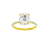 A front view of the Elongated cushion cut diamond engagement ring in 14k yellow gold with a pavé diamond band and cathedral setting
