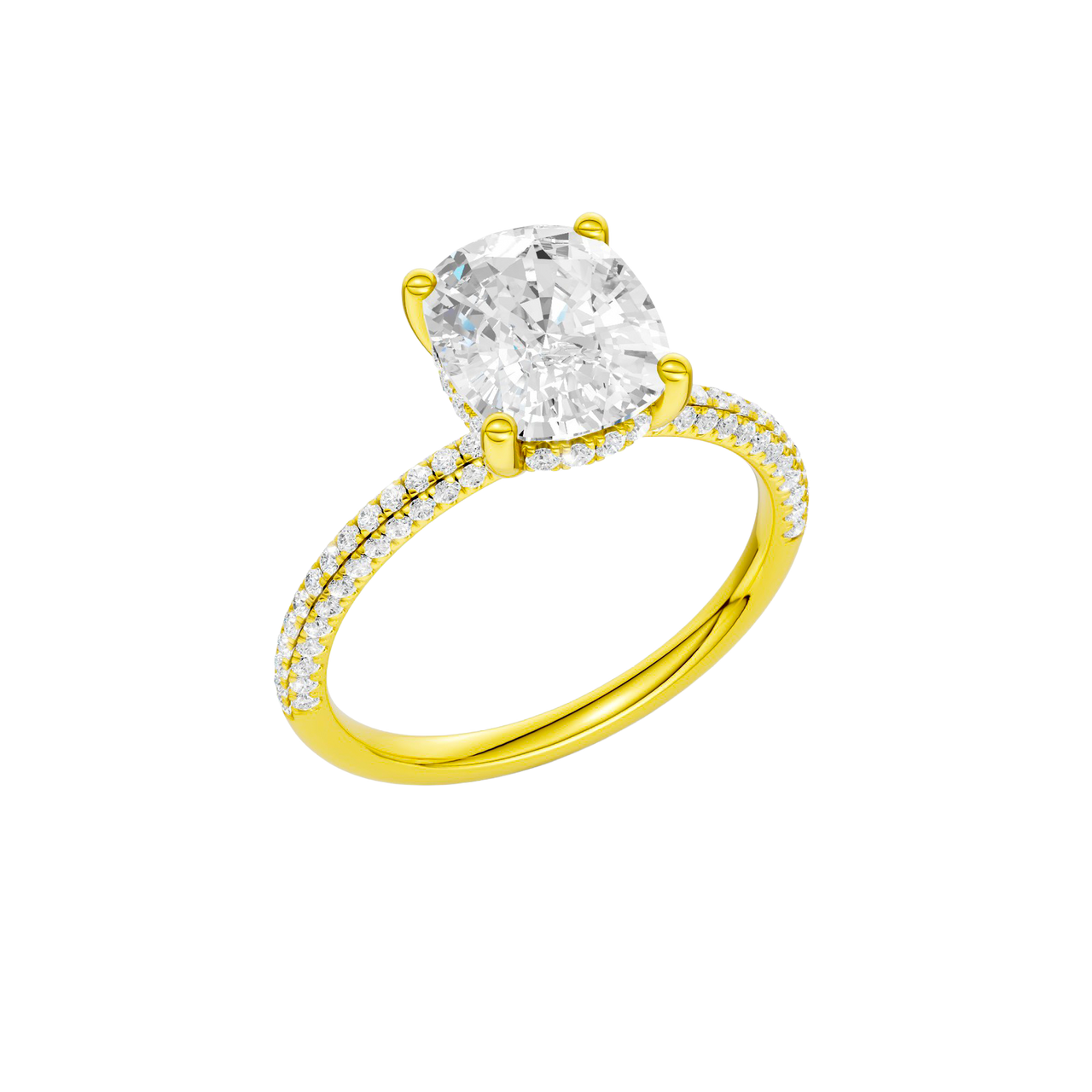 A three-quarter view of the Elongated cushion cut diamond engagement ring in 14k yellow gold with a pavé diamond band and cathedral setting