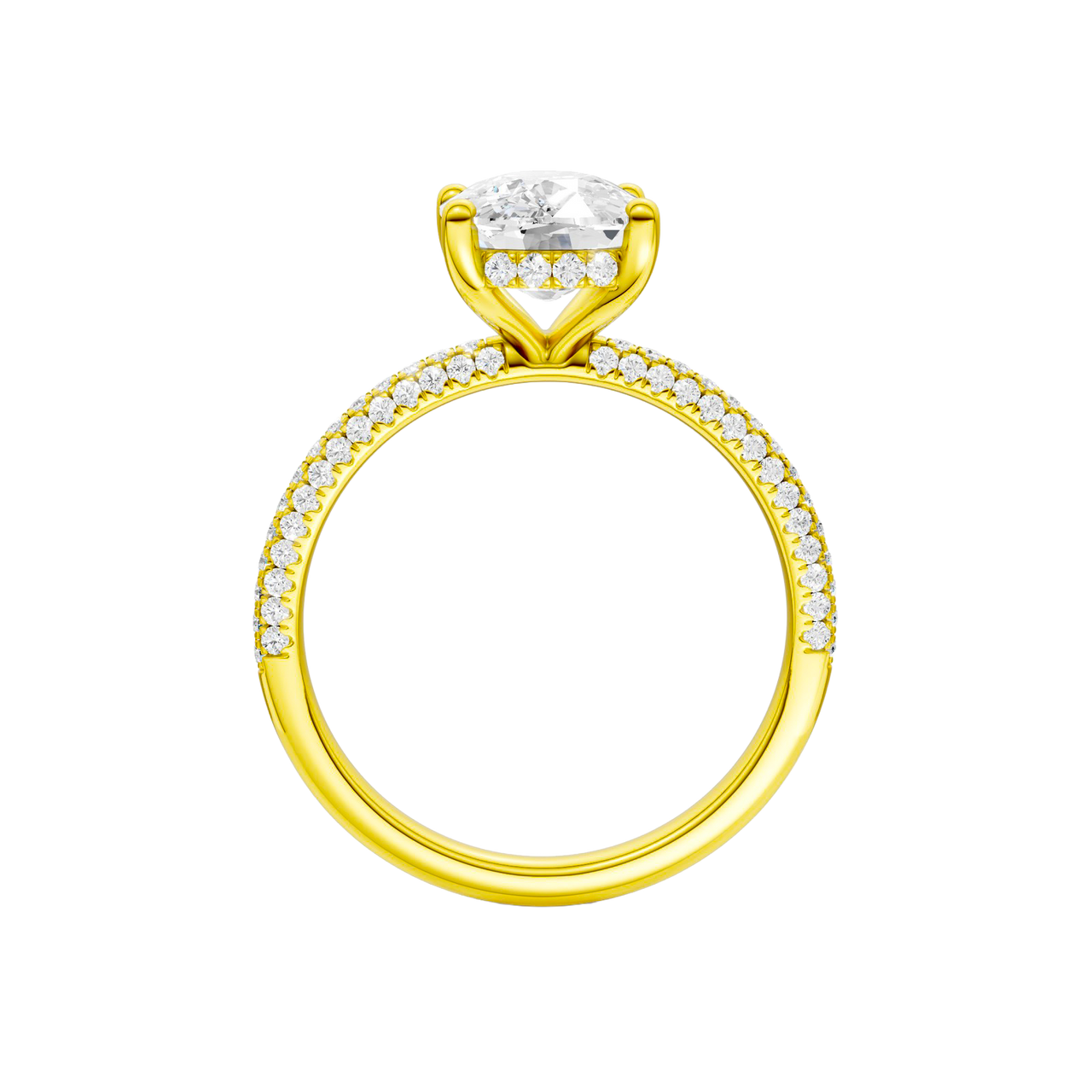 A front view of the Elongated cushion cut diamond engagement ring in 14k yellow gold with a pavé diamond band and cathedral setting