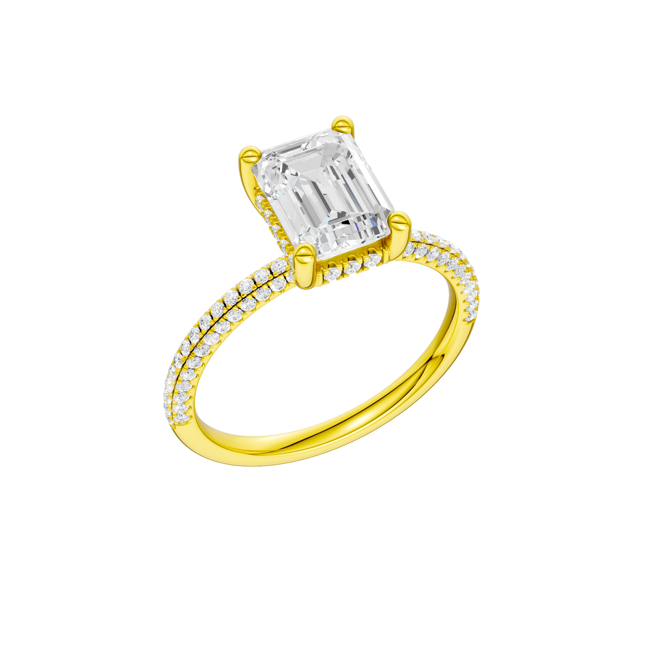 A three-quarter view of the Emerald cut diamond engagement ring in 14k yellow gold with a pavé diamond band and cathedral setting