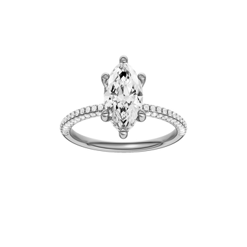 A front view of the Marquise cut diamond engagement ring in 14k white gold with a pavé diamond band and cathedral setting