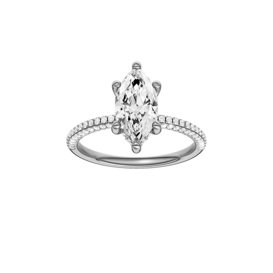 A front view of the Marquise cut diamond engagement ring in 14k white gold with a pavé diamond band and cathedral setting