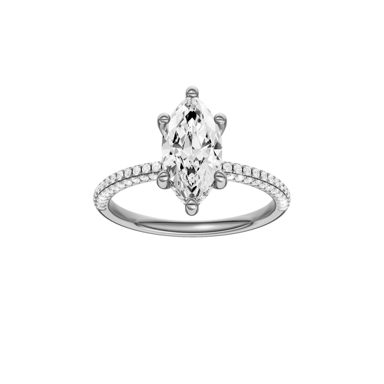 A front view of the Marquise cut diamond engagement ring in platinum with a pavé diamond band and cathedral setting