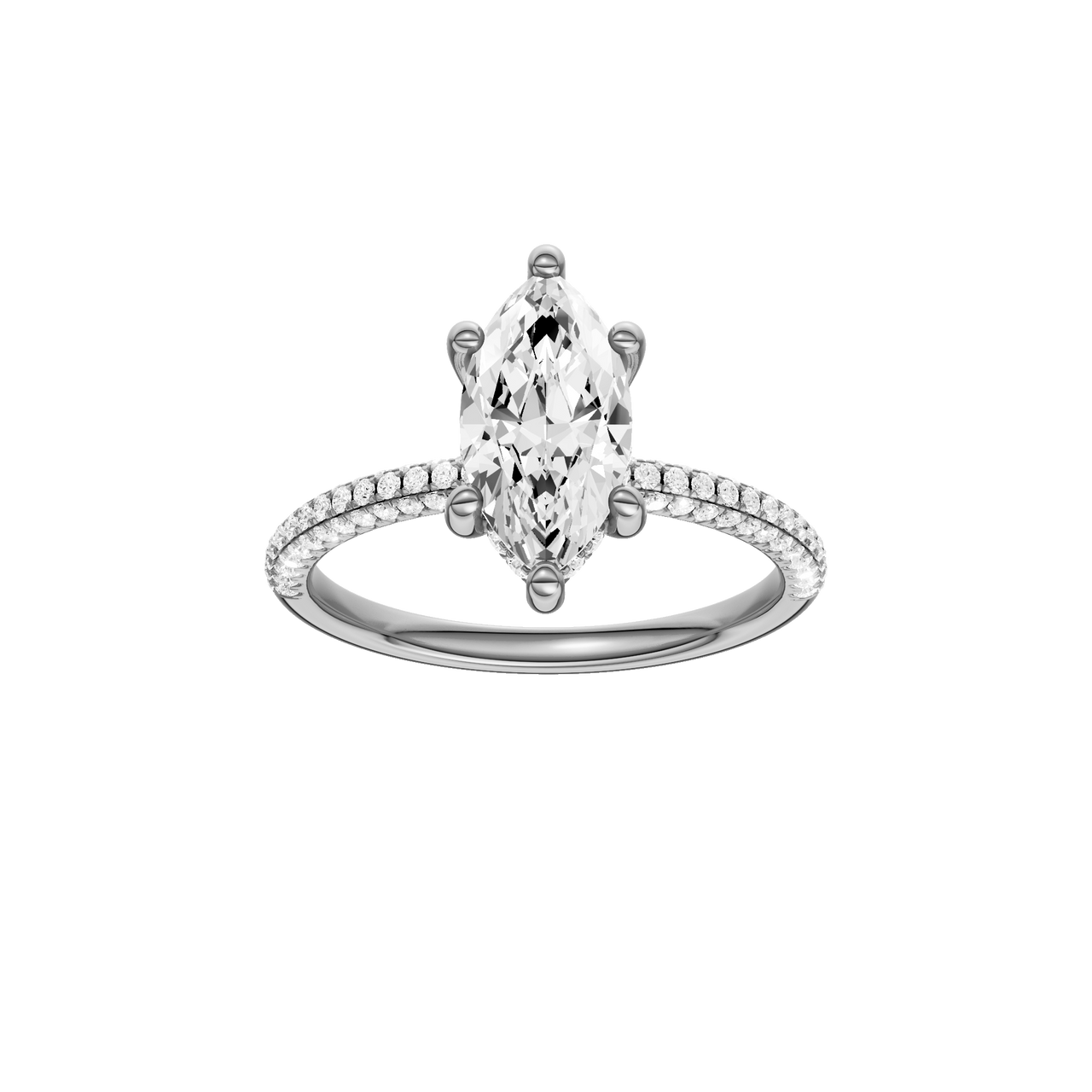A front view of the Marquise cut diamond engagement ring in platinum with a pavé diamond band and cathedral setting
