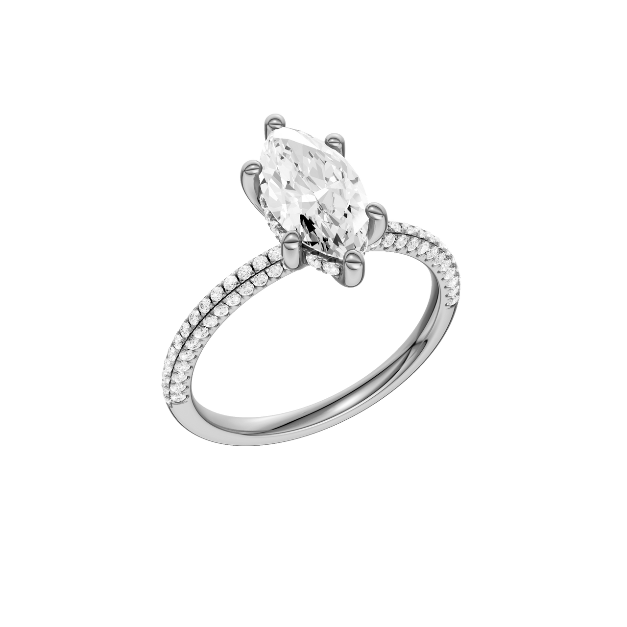 A three-quarter view of the Marquise cut diamond engagement ring in 14k white gold with a pavé diamond band and cathedral setting