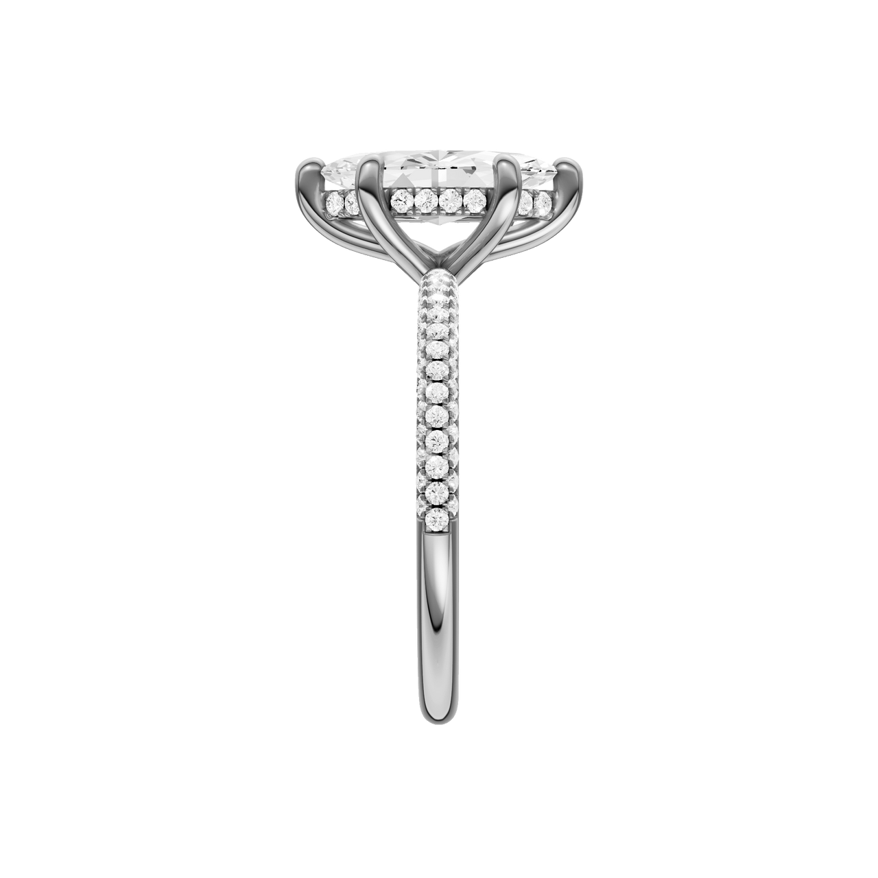 A side view of the Marquise cut diamond engagement ring in platinum with a pavé diamond band and cathedral setting