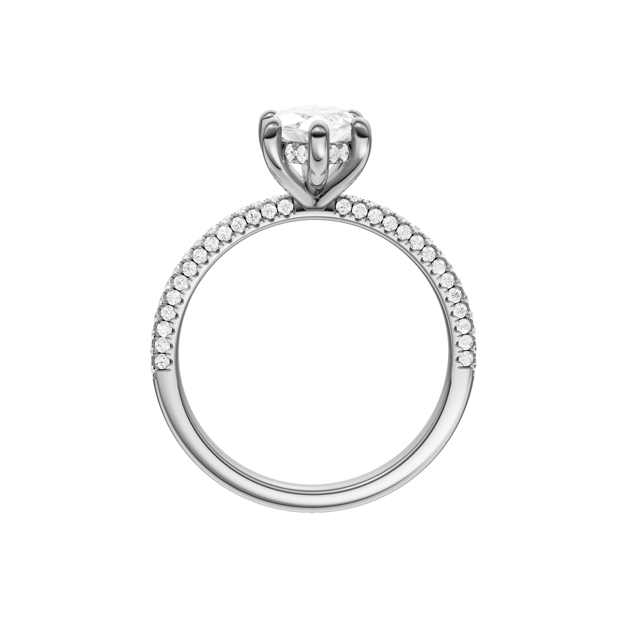 A profile view of the Marquise cut diamond engagement ring in platinum with a pavé diamond band and cathedral setting