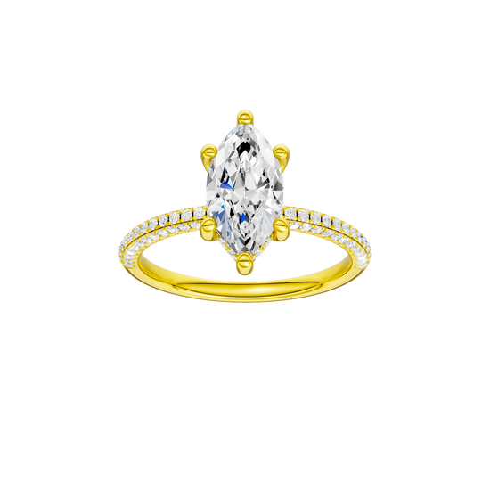 A front view of the Marquise cut diamond engagement ring in 14k white gold with a pavé diamond band and cathedral setting