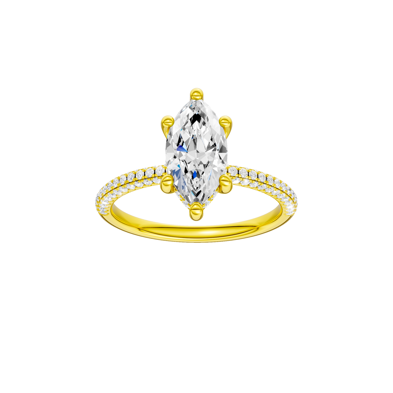 A front view of the Marquise cut diamond engagement ring in 14k white gold with a pavé diamond band and cathedral setting