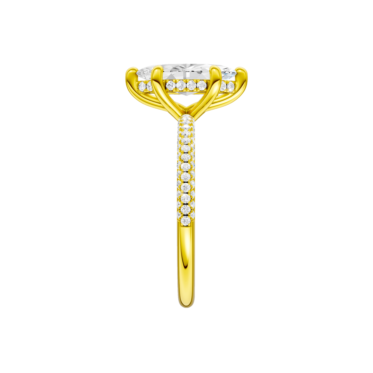 A side view of the Marquise cut diamond engagement ring in 14k white gold with a pavé diamond band and cathedral setting