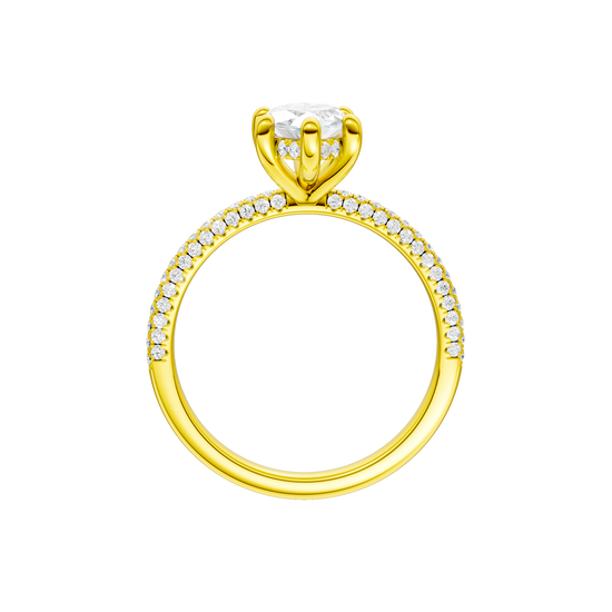 A profile view of the Marquise cut diamond engagement ring in 14k white gold with a pavé diamond band and cathedral setting