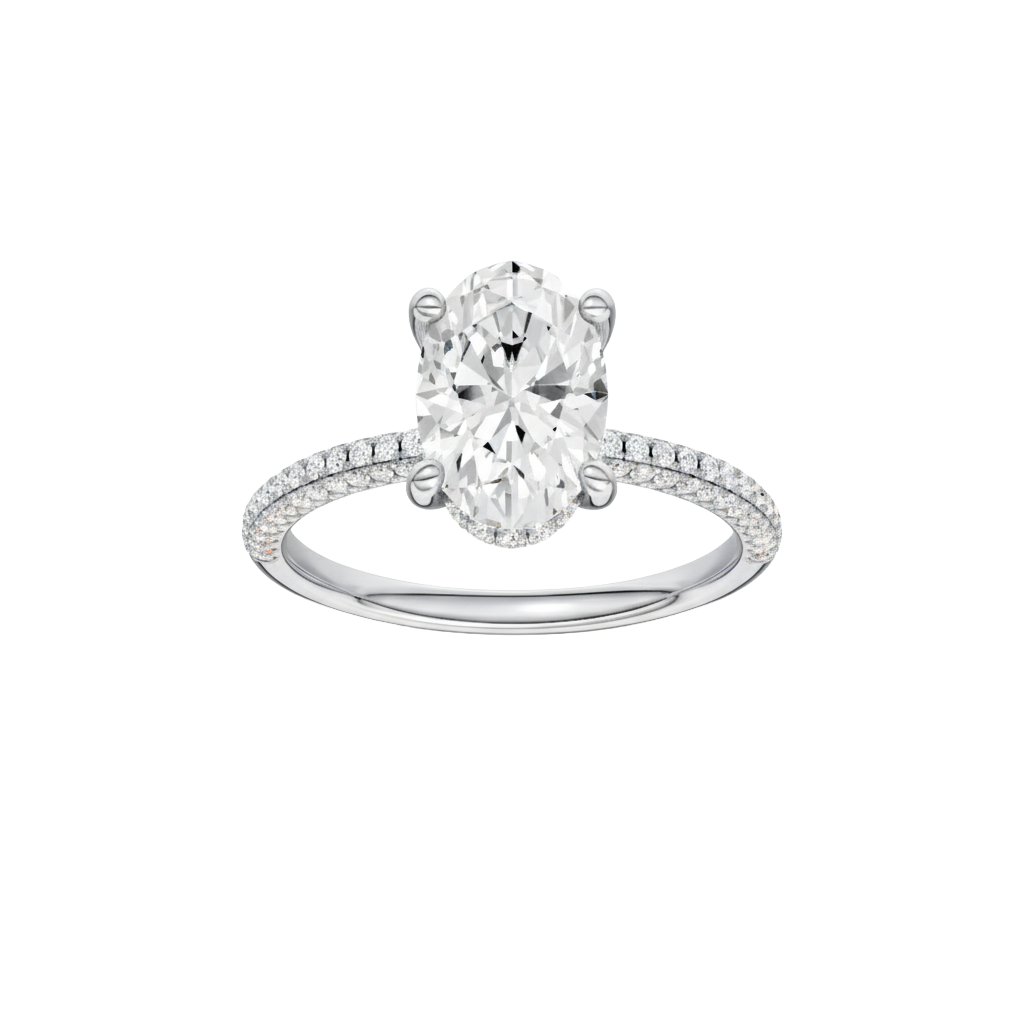 A front view of the Oval cut diamond engagement ring in 14k white gold with a pavé diamond band and cathedral setting