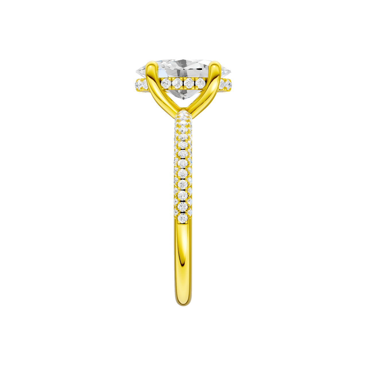A side view of the Oval cut diamond engagement ring in 14k yellow gold with a pavé diamond band and cathedral setting