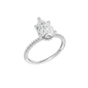 A three-quarter view of the Pear cut diamond engagement ring in platinum with a pavé diamond band and cathedral setting