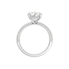 A profile view of the Pear cut diamond engagement ring in 14k white gold with a pavé diamond band and cathedral setting