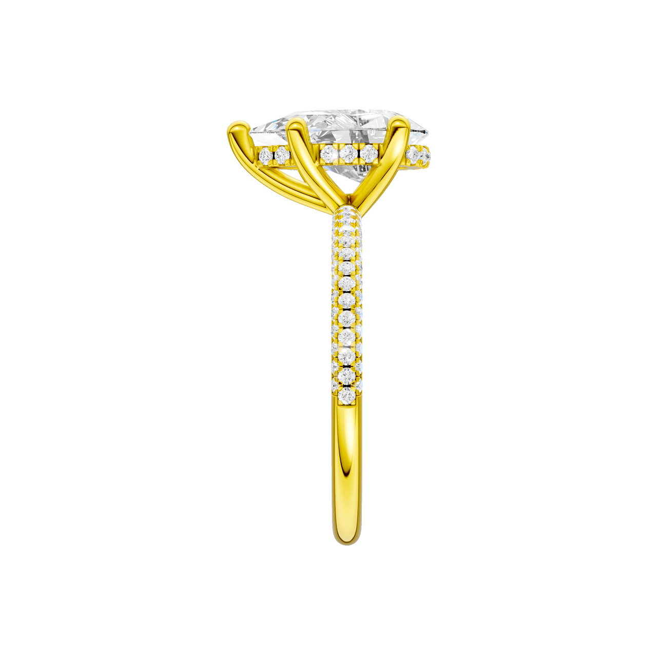 A side view of the Pear cut diamond engagement ring in 14k yellow gold with a pavé diamond band and cathedral setting