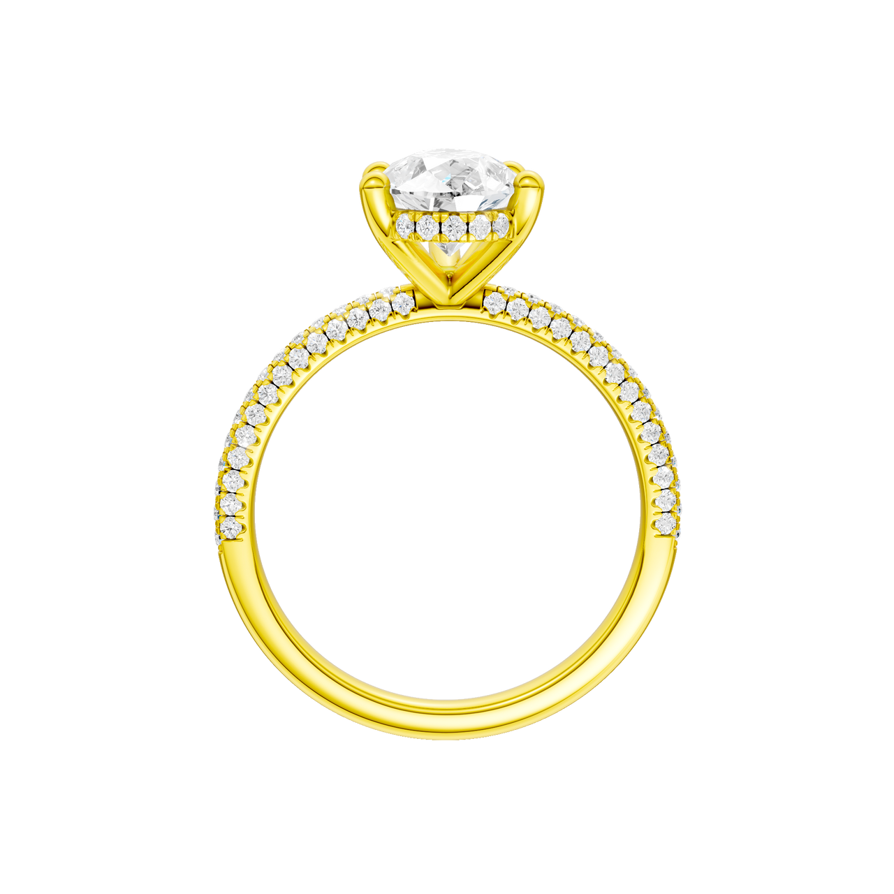 A profile view of the Pear cut diamond engagement ring in 14k yellow gold with a pavé diamond band and cathedral setting