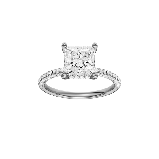 A front view of the Princess cut diamond engagement ring in platinum with a pavé diamond band and cathedral setting