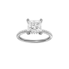 A front view of the Princess cut diamond engagement ring in platinum with a pavé diamond band and cathedral setting