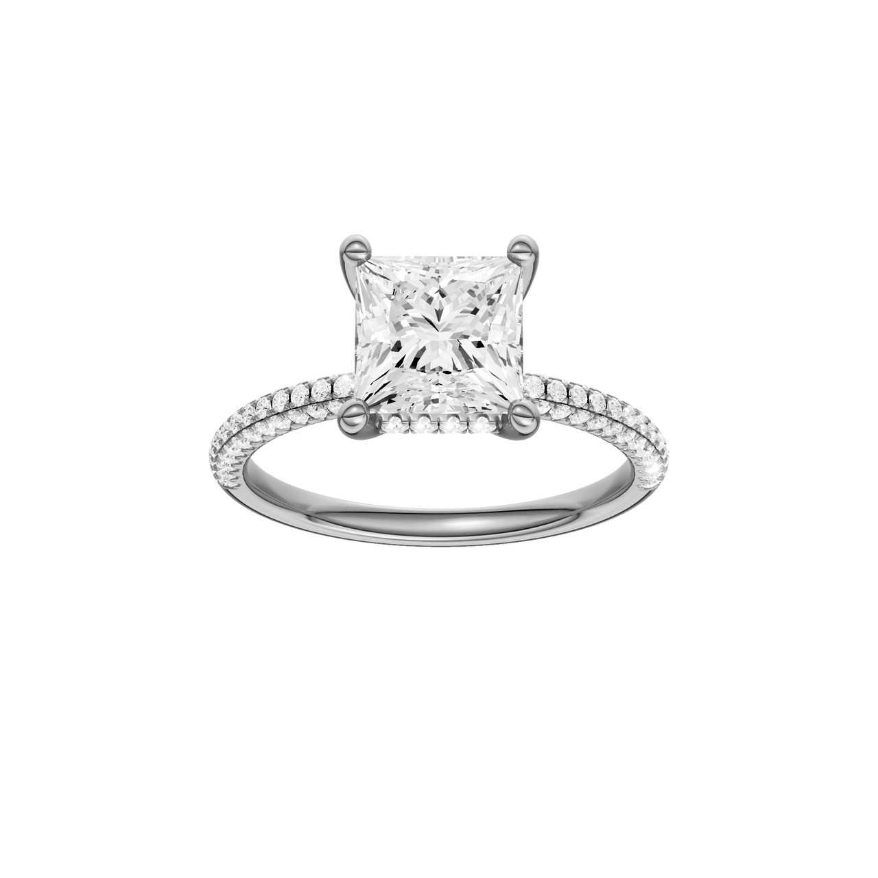 A front view of the Princess cut diamond engagement ring in platinum with a pavé diamond band and cathedral setting