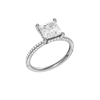 A three-quarter view of the Princess cut diamond engagement ring in 14k white gold with a pavé diamond band and cathedral setting