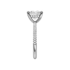 A side view of the Princess cut diamond engagement ring in platinum with a pavé diamond band and cathedral setting
