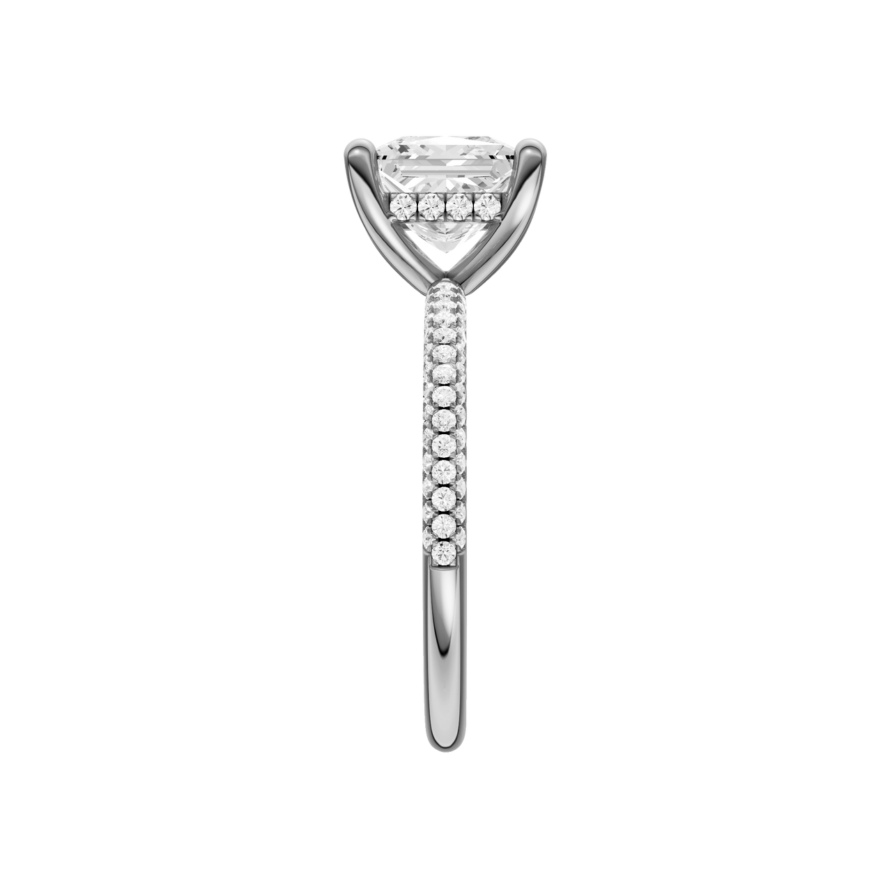 A side view of the Princess cut diamond engagement ring in platinum with a pavé diamond band and cathedral setting