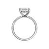 A profile view of the Princess cut diamond engagement ring in 14k white gold with a pavé diamond band and cathedral setting