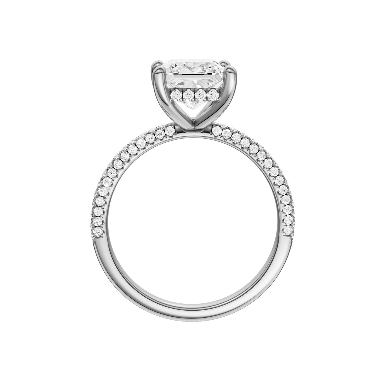 A profile view of the Princess cut diamond engagement ring in platinum with a pavé diamond band and cathedral setting
