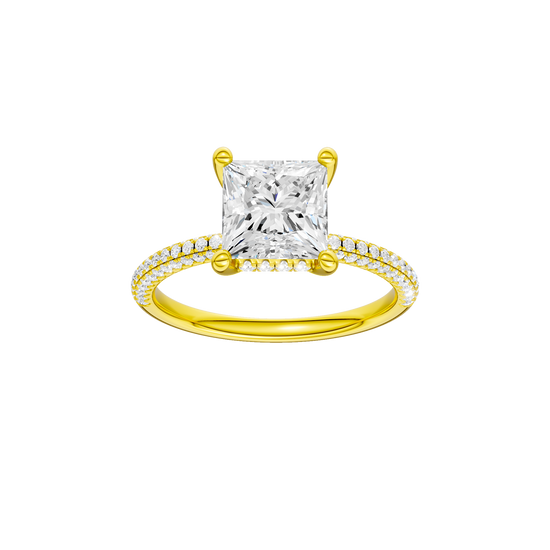 A front view of the Princess cut diamond engagement ring in 14k yellow gold with a pavé diamond band and cathedral setting