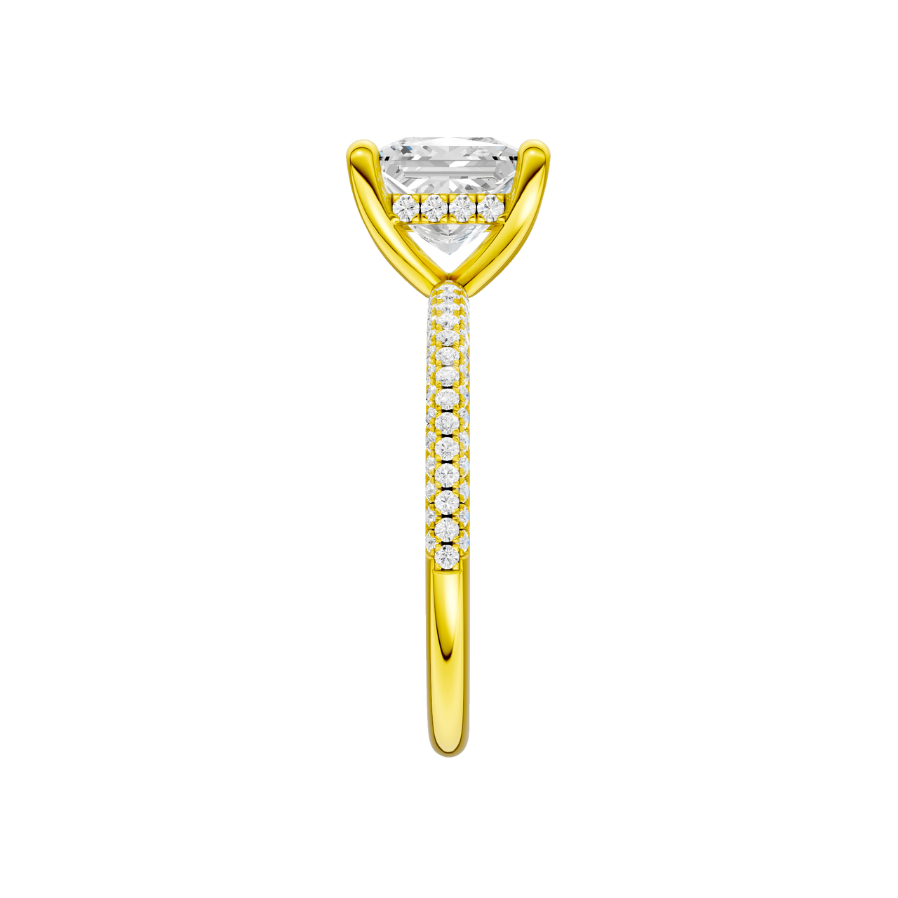 A side view of the Princess cut diamond engagement ring in 14k yellow gold with a pavé diamond band and cathedral setting
