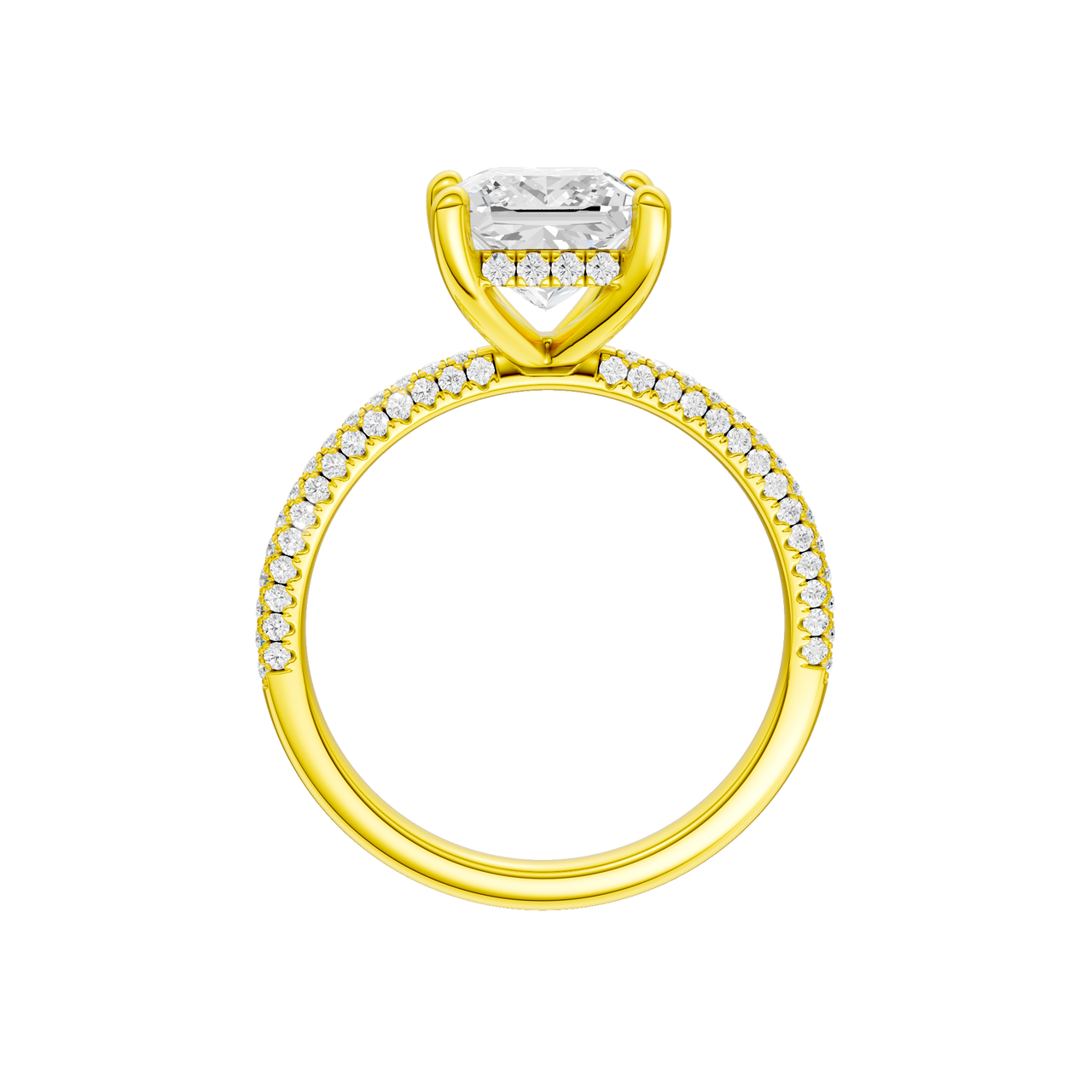 A profile view of the Princess cut diamond engagement ring in 14k yellow gold with a pavé diamond band and cathedral setting