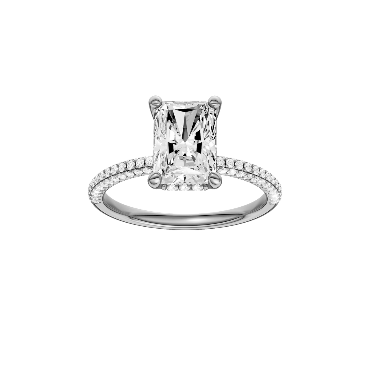 A front view of the Radiant cut diamond engagement ring in platinum with a pavé diamond band and cathedral setting