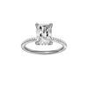 A front view of the Radiant cut diamond engagement ring in 14k white gold with a pavé diamond band and cathedral setting