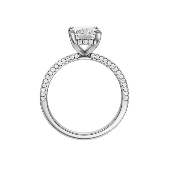 A profile view of the Radiant cut diamond engagement ring in 14k white gold with a pavé diamond band and cathedral setting